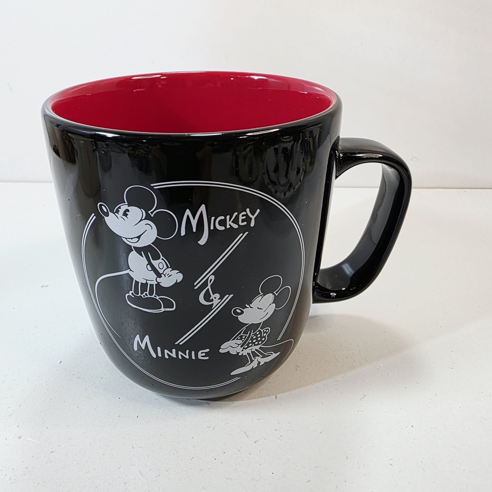 Disney Classic Mickey & Minnie Coffee Mug Cup Black White w/ Red Interior